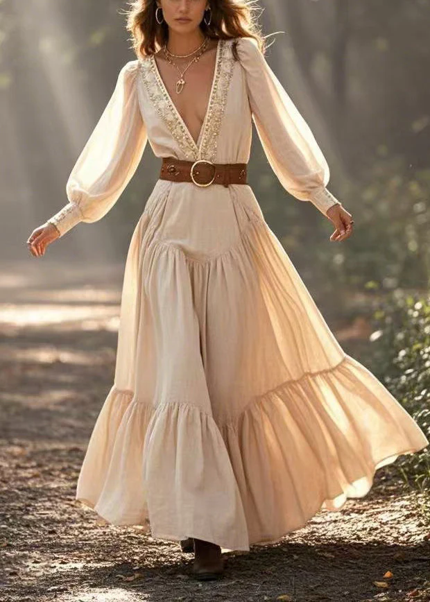 Natural Beige Deep-V Neck Exra Large Hem Cinched Dress Spring - Image 3
