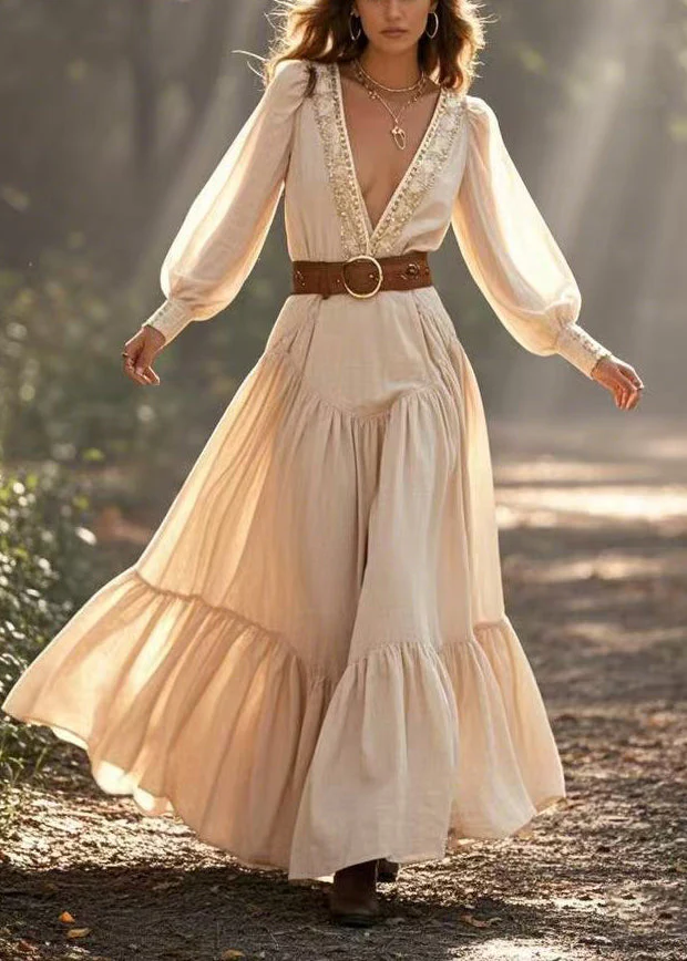 Natural Beige Deep-V Neck Exra Large Hem Cinched Dress Spring - Image 5