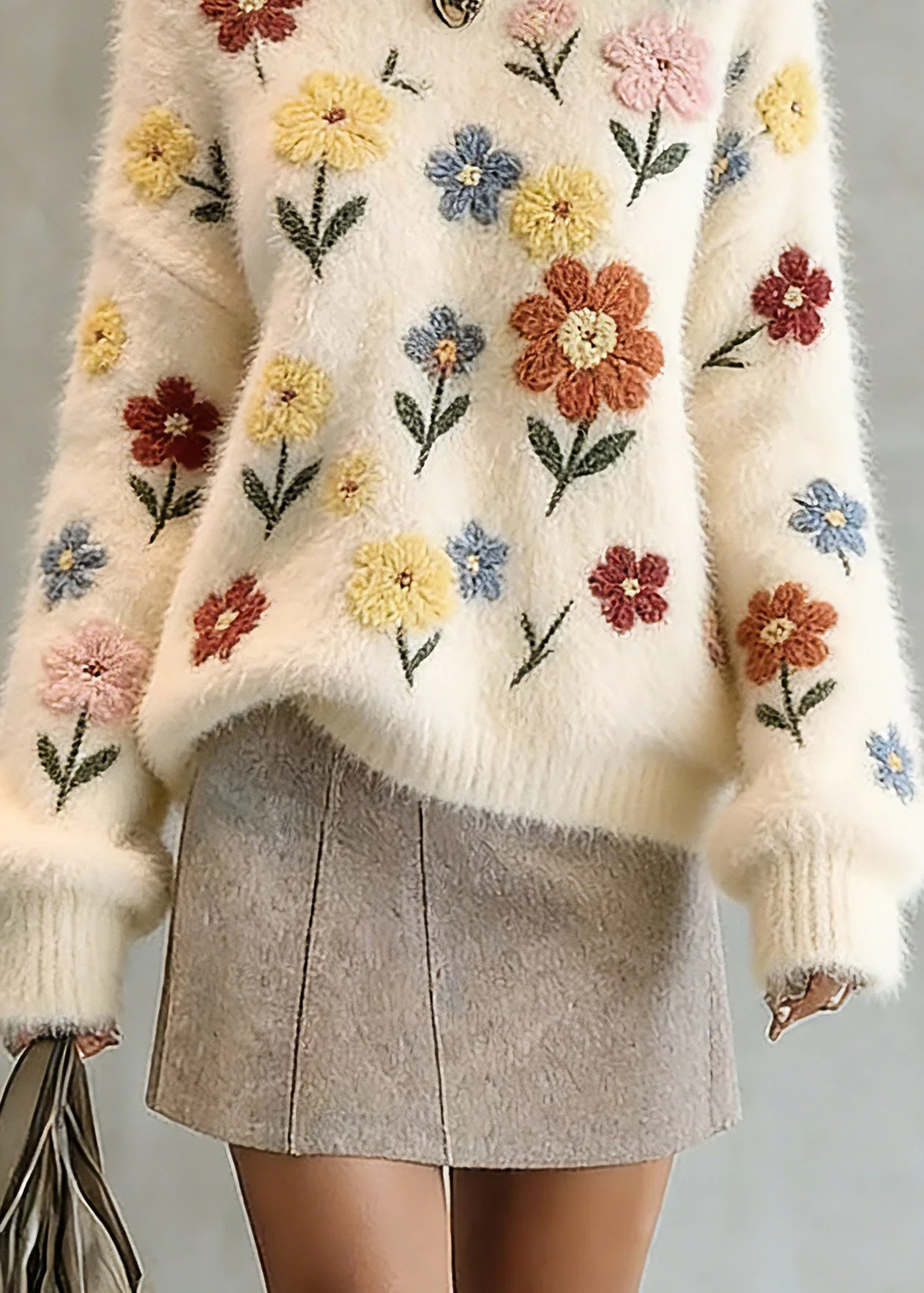 Natural Beige O-Neck Embroidered Cotton Knit Sweater Tops Spring - Image 4
