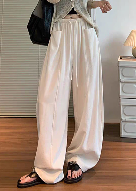 Natural Beige Pockets Solid Wide Leg Pants Summer - Image 3