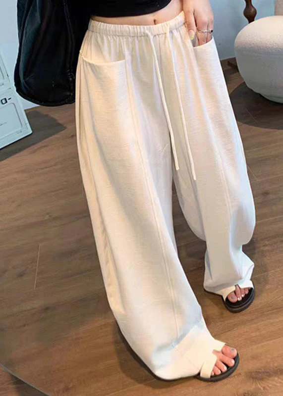 Natural Beige Pockets Solid Wide Leg Pants Summer - Image 5