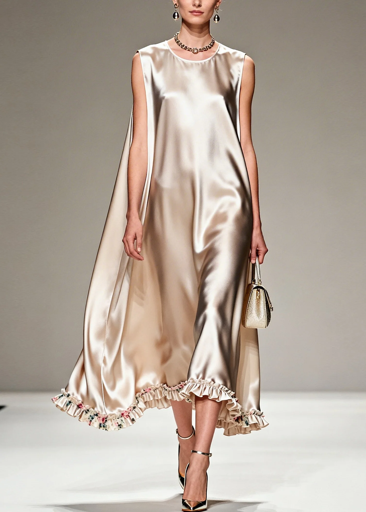 Natural Beige Ruffled Oversized Silk Robe Dresses Summer - Image 3