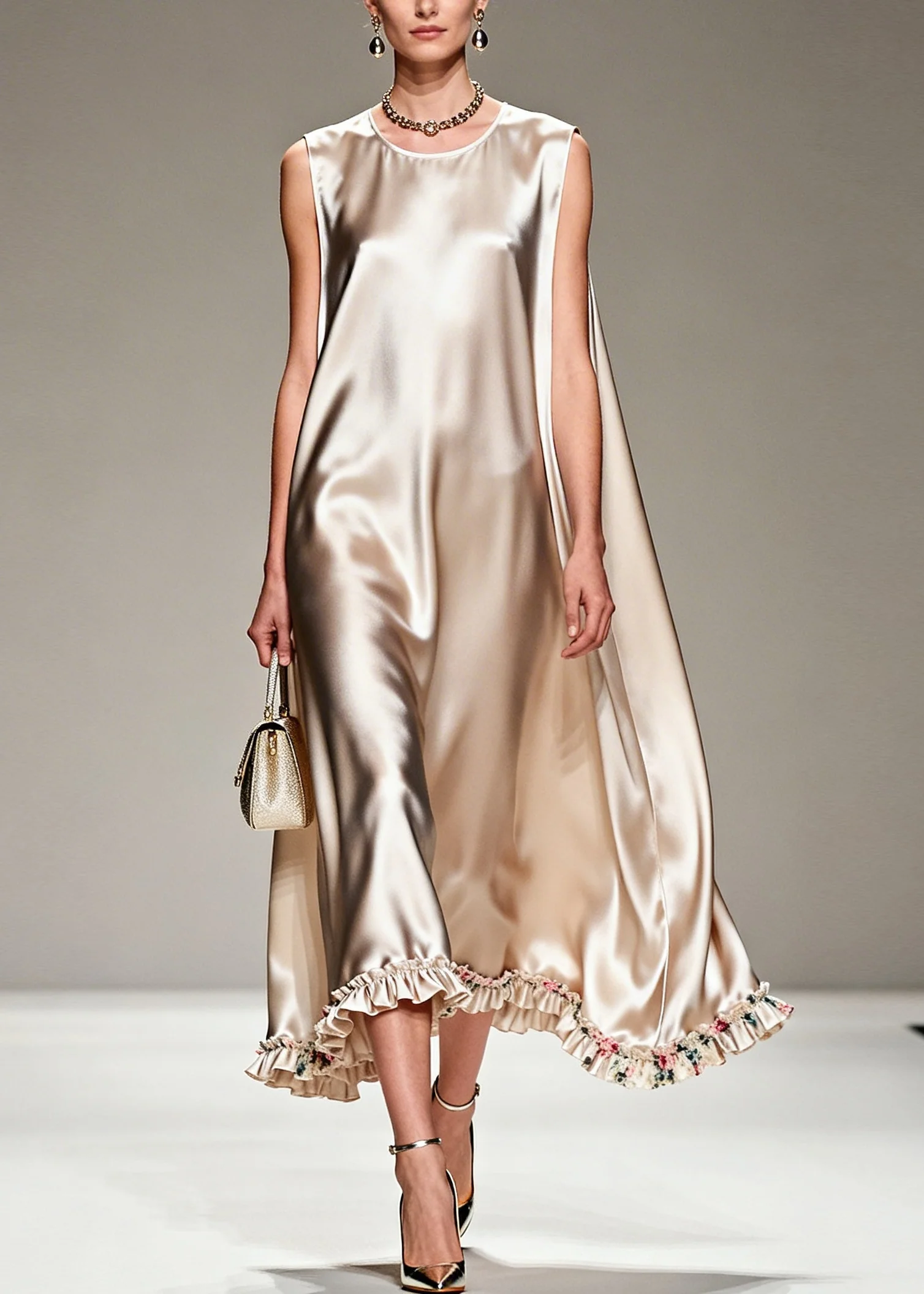 Natural Beige Ruffled Oversized Silk Robe Dresses Summer - Image 5