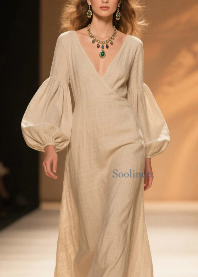 Natural Beige V Neck Patchwork Cotton Dresses Lantern Sleeve - Image 2