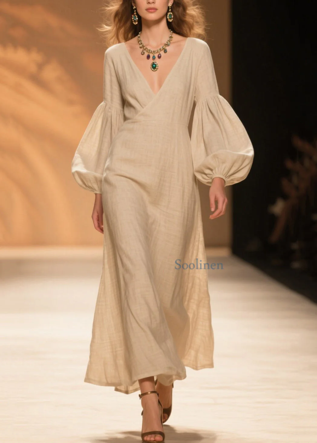 Natural Beige V Neck Patchwork Cotton Dresses Lantern Sleeve - Image 3