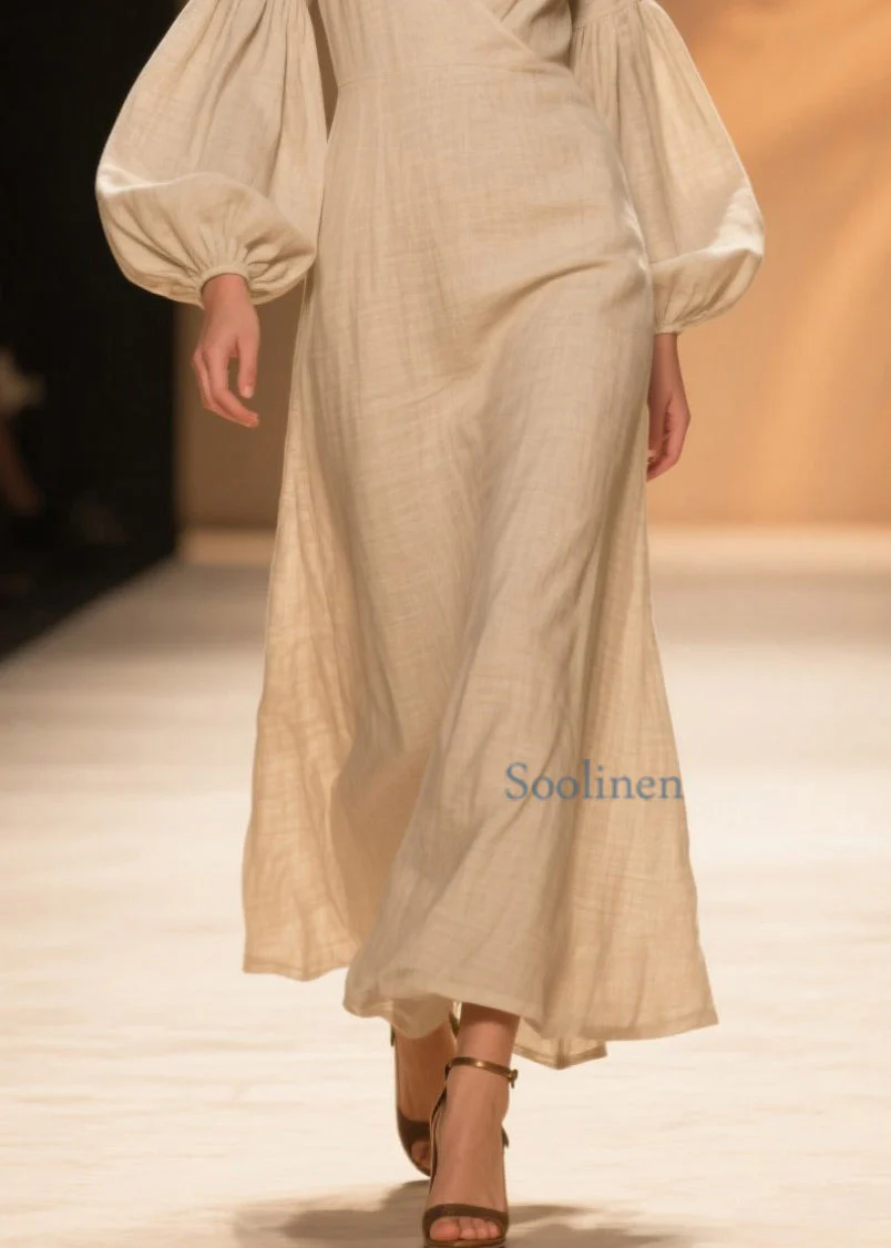 Natural Beige V Neck Patchwork Cotton Dresses Lantern Sleeve - Image 4