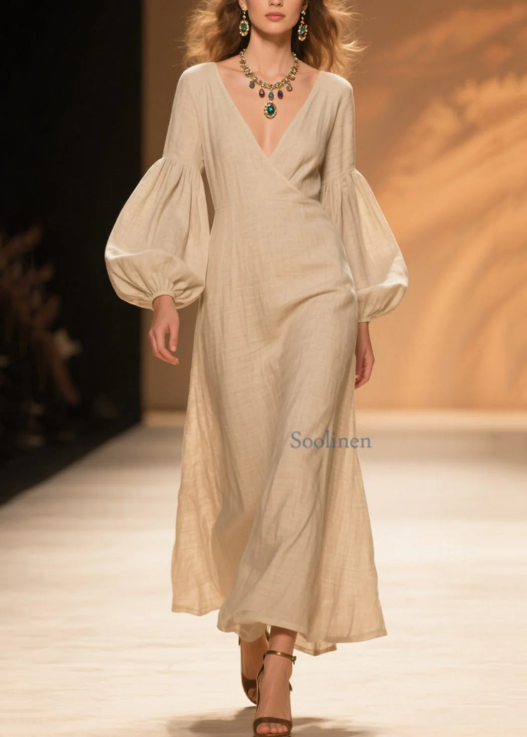 Natural Beige V Neck Patchwork Cotton Dresses Lantern Sleeve - Image 5