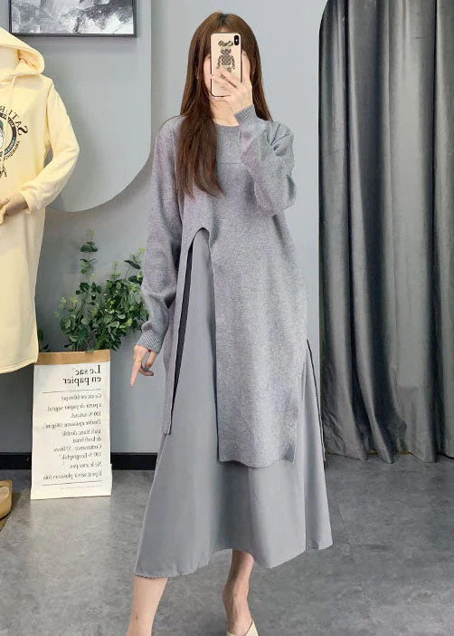 Natural Black Asymmetrical Patchwork Knit Dress Spring - Image 2