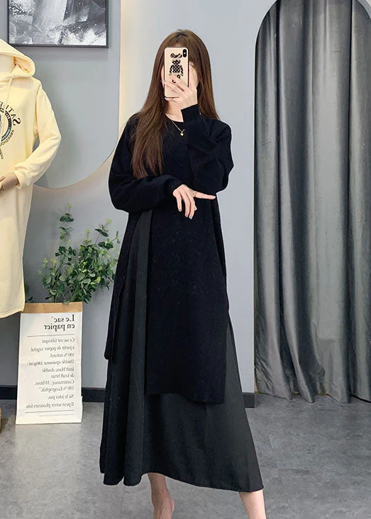 Natural Black Asymmetrical Patchwork Knit Dress Spring - Image 3