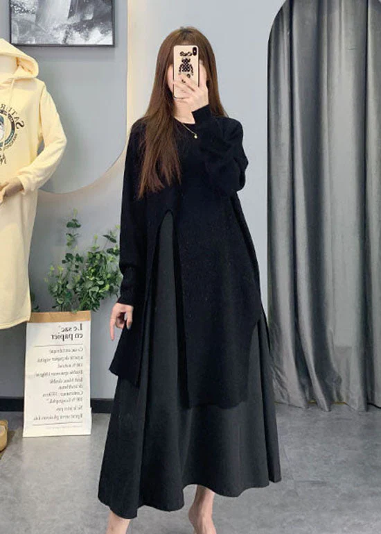 Natural Black Asymmetrical Patchwork Knit Dress Spring - Image 4