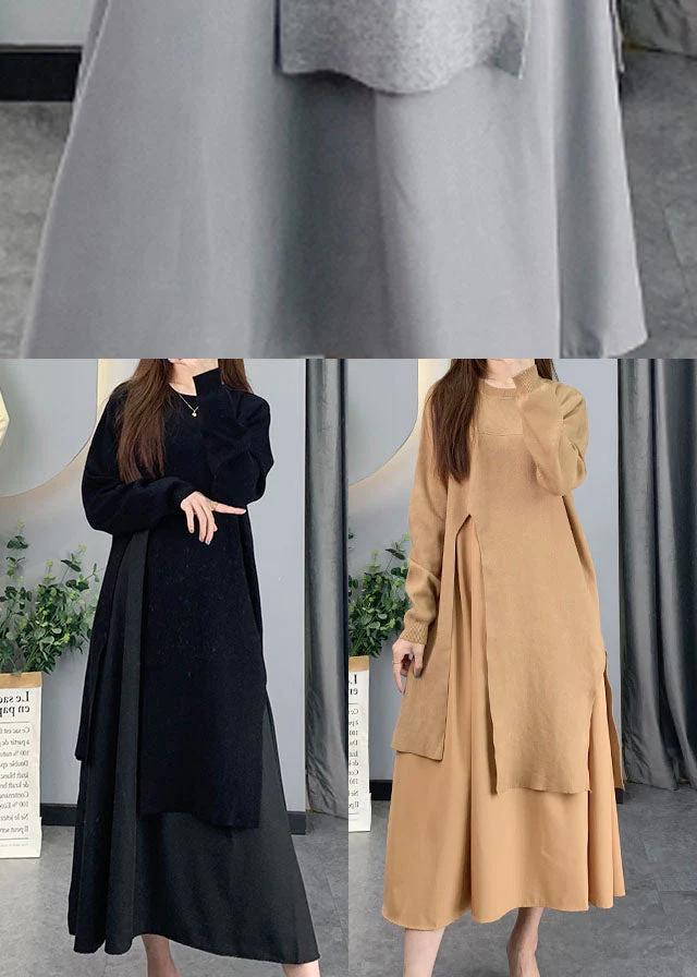 Natural Black Asymmetrical Patchwork Knit Dress Spring - Image 5