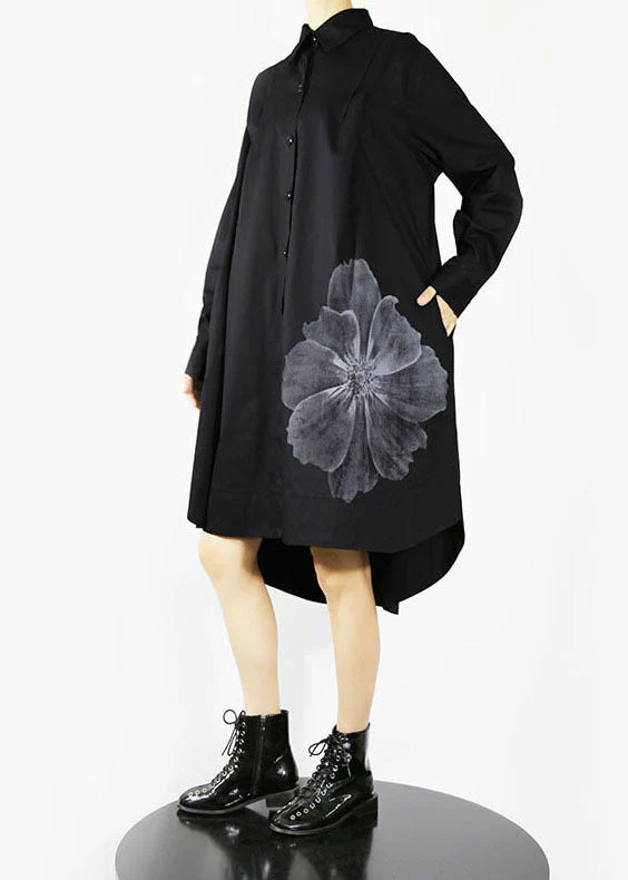 Natural Black button Peter Pan Collar Floral shirt Dresses Spring - Image 3