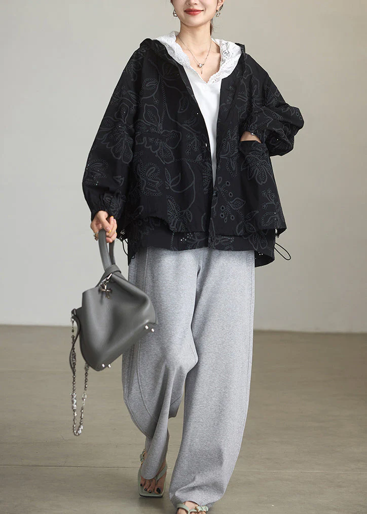 Natural Black Embroidered Cotton Hoodies Outwear Spring - Image 3