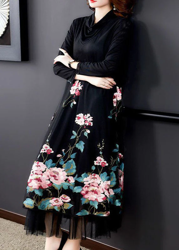 Natural Black Embroideried Patchwork Silk Holiday Dress Spring - Image 4