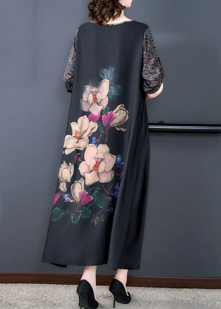 Natural Black O Neck Floral Print Patchwork Silk Long Dresses Summer - Image 5