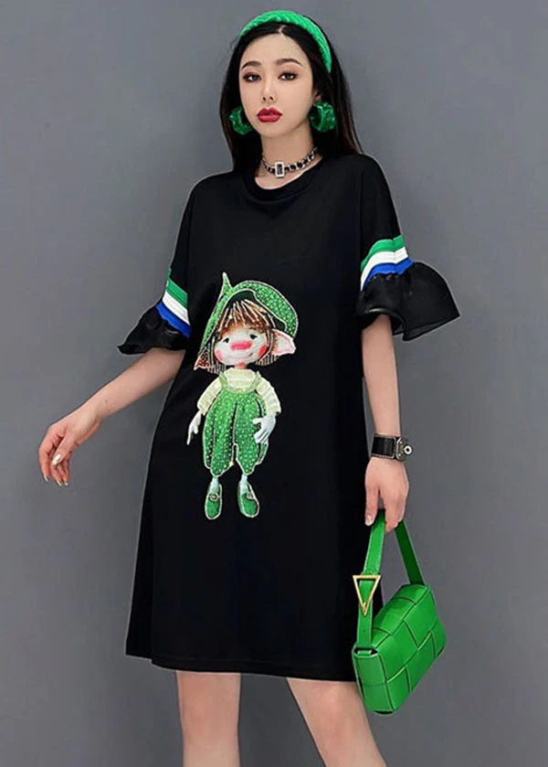 Natural Black O-Neck Patchwork Ruffles Print Cotton Maxi Dresses Short Sleeve - Image 2