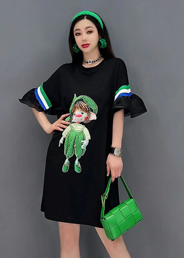 Natural Black O-Neck Patchwork Ruffles Print Cotton Maxi Dresses Short Sleeve - Image 4