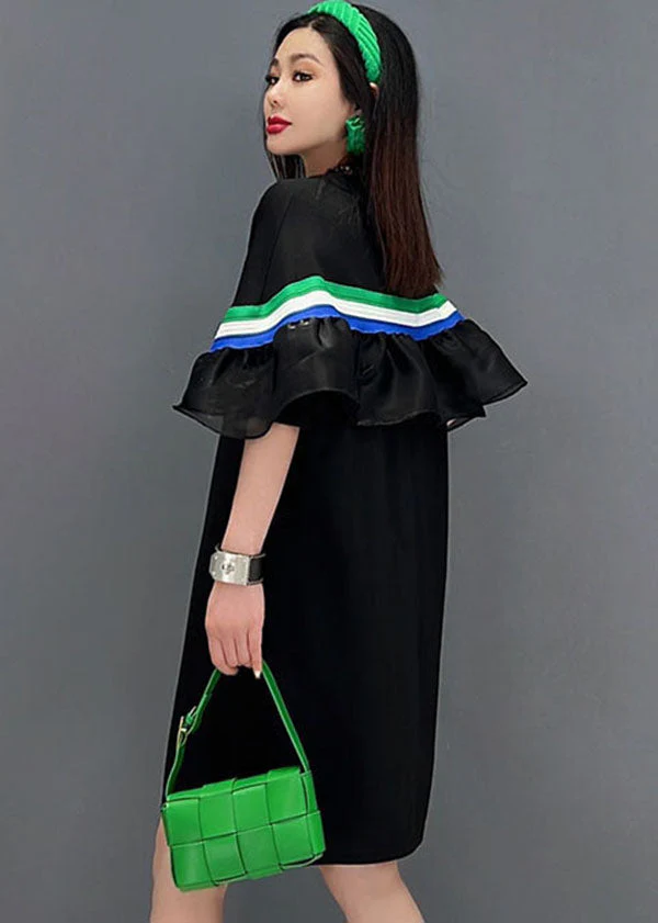 Natural Black O-Neck Patchwork Ruffles Print Cotton Maxi Dresses Short Sleeve - Image 5