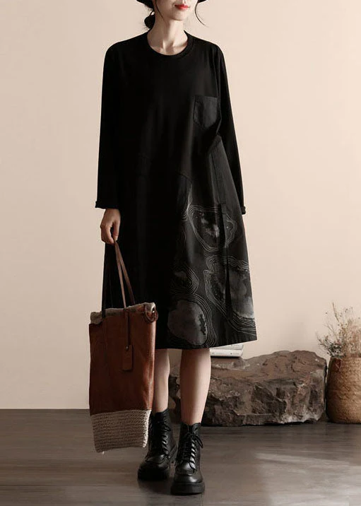 Natural Black O Neck Print Patchwork Cotton Dresses Spring - Image 2