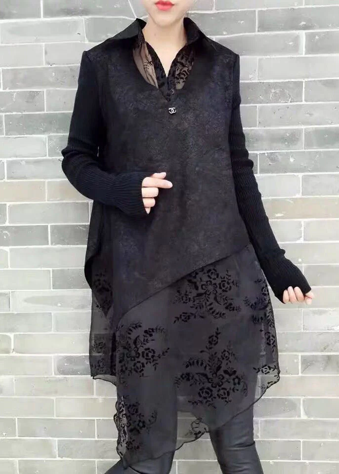 Natural Black Peter Pan Collar Asymmetrical Print Knit Patchwork Chiffon Mid Dress Long Sleeve - Image 2
