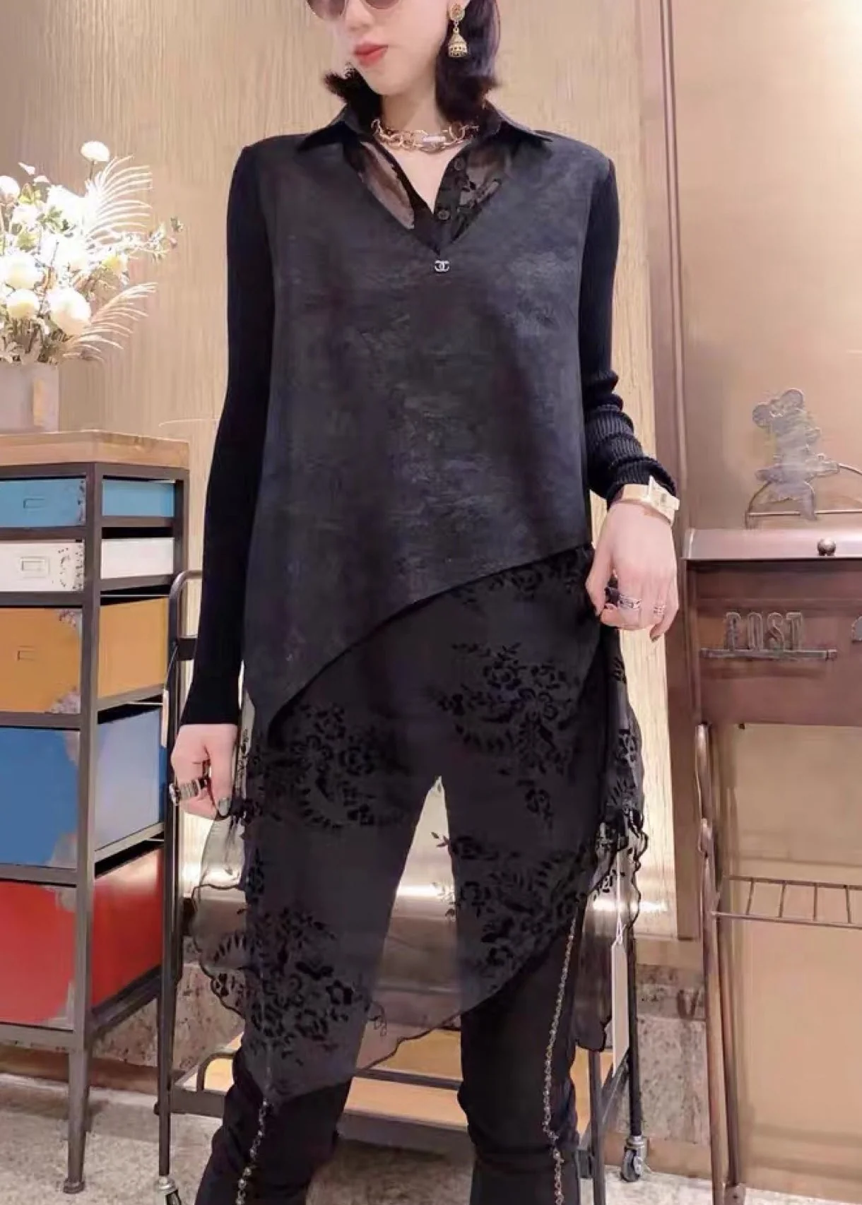 Natural Black Peter Pan Collar Asymmetrical Print Knit Patchwork Chiffon Mid Dress Long Sleeve - Image 3