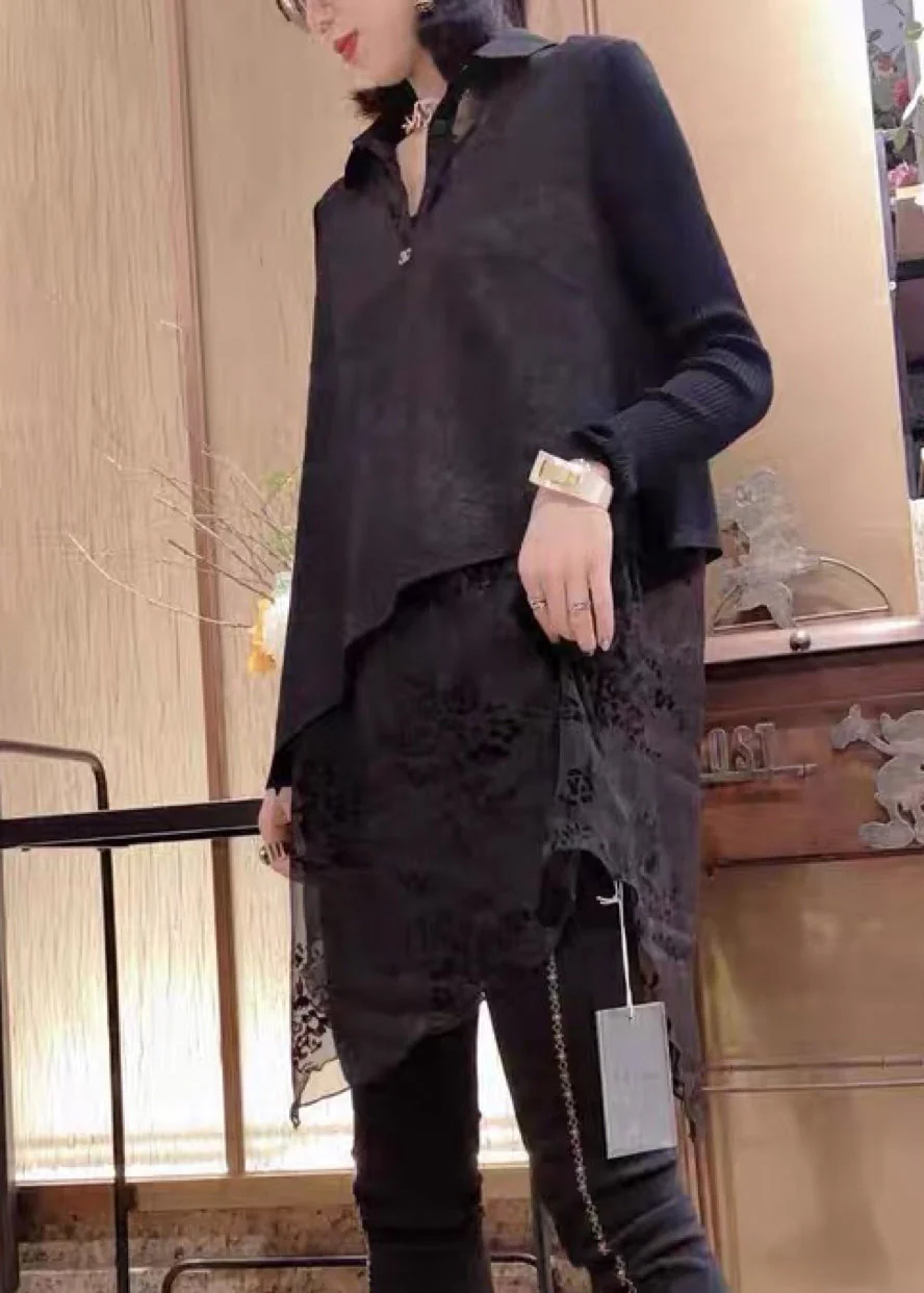Natural Black Peter Pan Collar Asymmetrical Print Knit Patchwork Chiffon Mid Dress Long Sleeve - Image 4