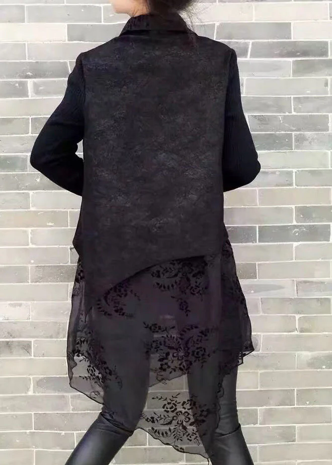 Natural Black Peter Pan Collar Asymmetrical Print Knit Patchwork Chiffon Mid Dress Long Sleeve - Image 5