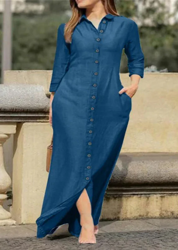 Natural Black Peter Pan Collar Button Long Shirts Dress Fall - Image 2