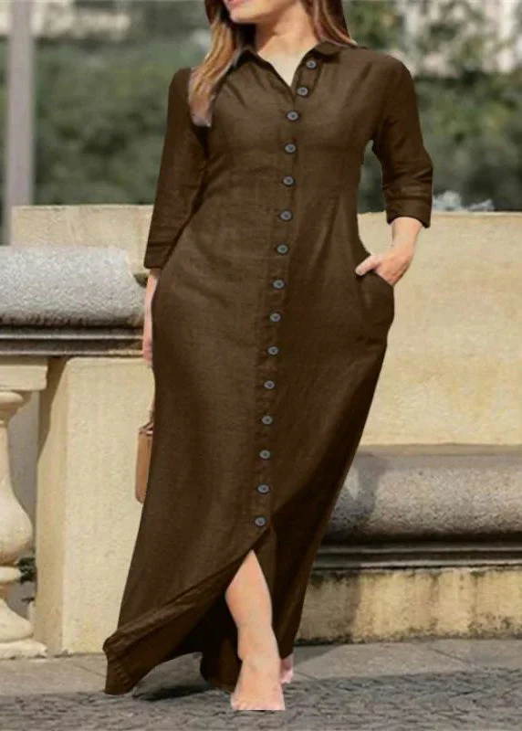 Natural Black Peter Pan Collar Button Long Shirts Dress Fall - Image 3