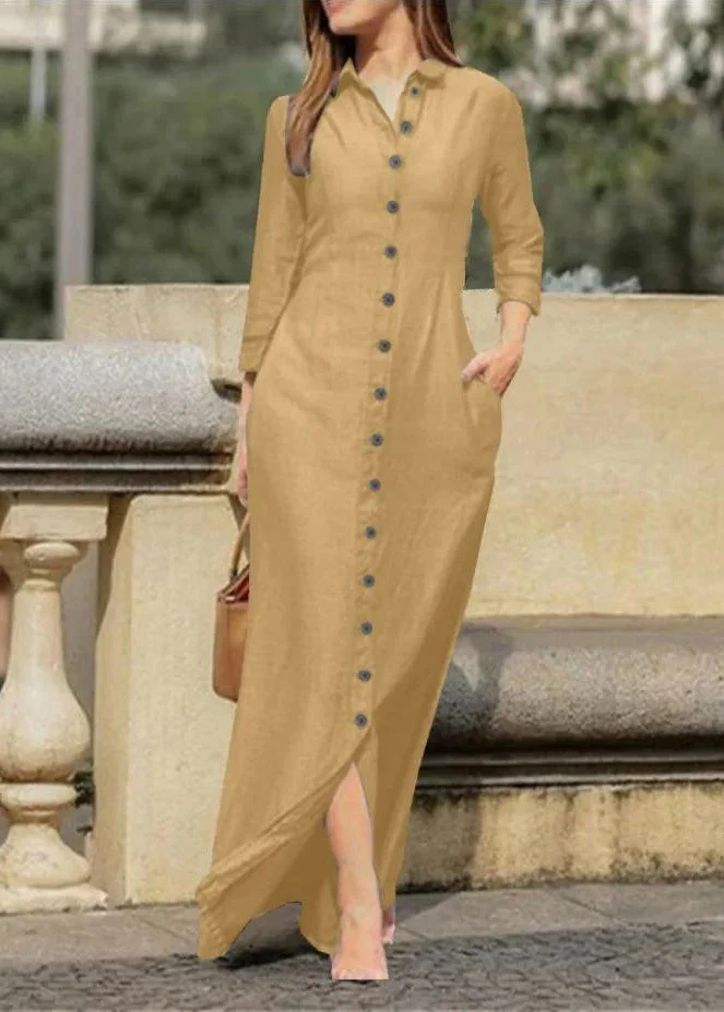 Natural Black Peter Pan Collar Button Long Shirts Dress Fall - Image 4