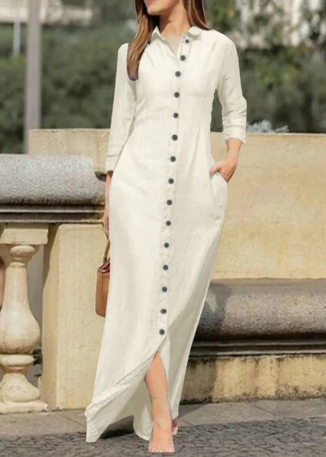 Natural Black Peter Pan Collar Button Long Shirts Dress Fall - Image 5