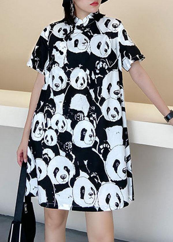 Natural Black Print A Line Long Dress Short Sleeve Cotton Summer - Image 2