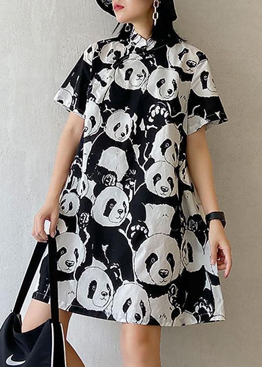 Natural Black Print A Line Long Dress Short Sleeve Cotton Summer - Image 3
