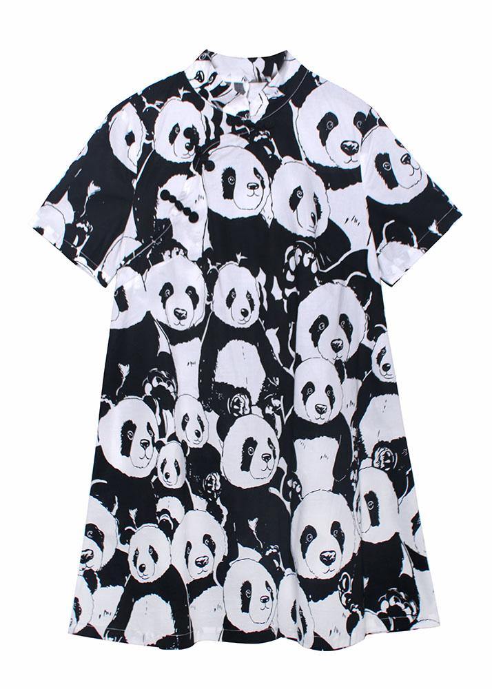 Natural Black Print A Line Long Dress Short Sleeve Cotton Summer - Image 5