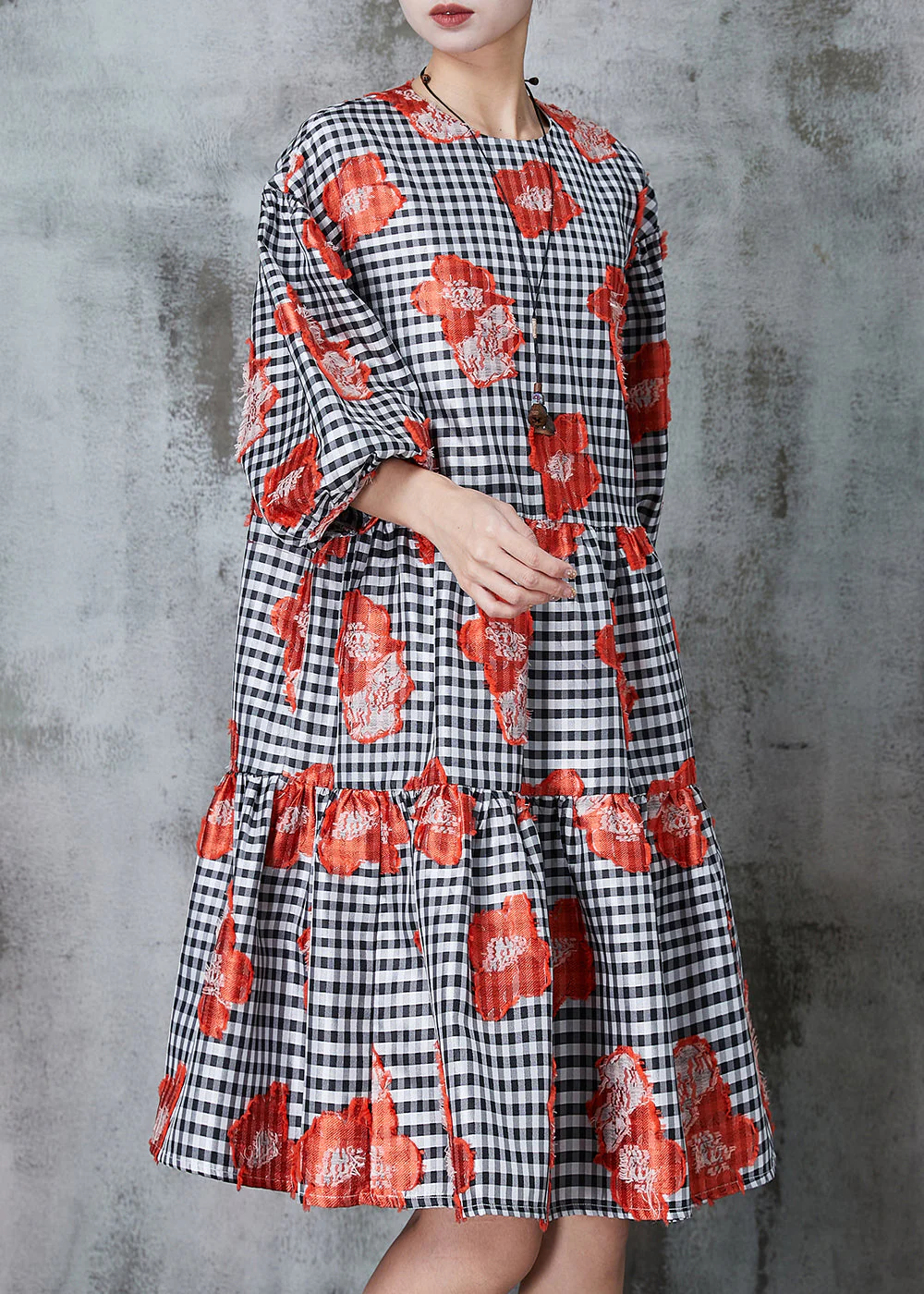 Natural Black Puff Sleeve Plaid Cotton Floral Dresses - Image 2
