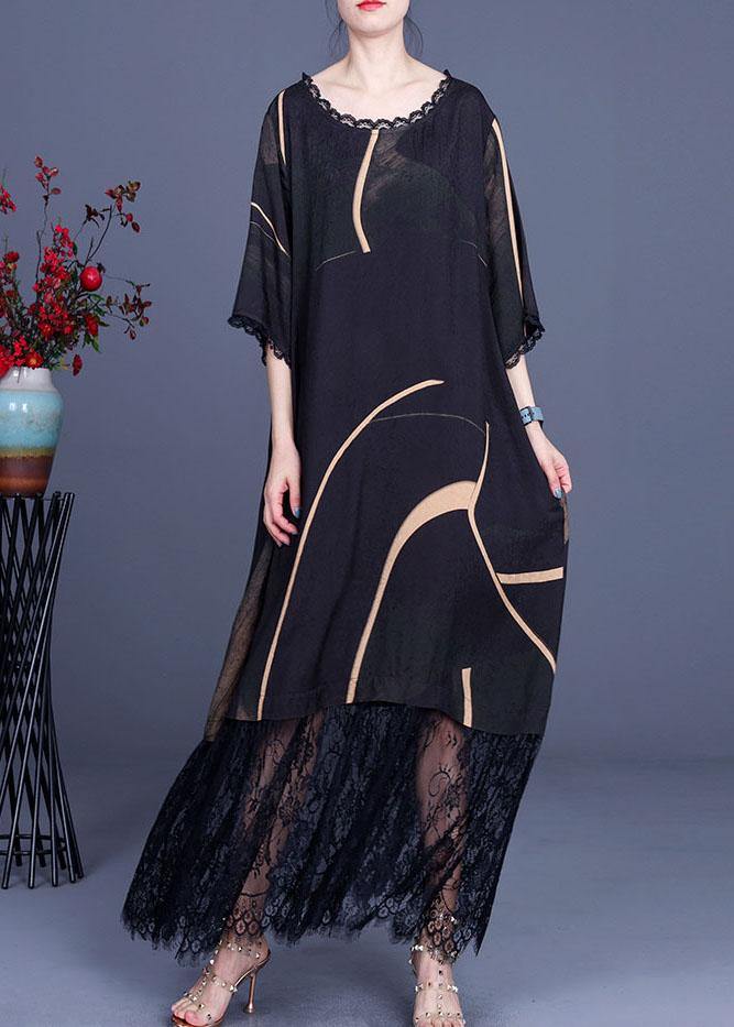 Natural Black Silk Print Patchwork Lace Vacation Dresses Summer - Image 2
