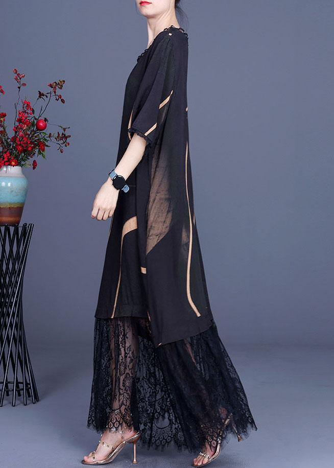 Natural Black Silk Print Patchwork Lace Vacation Dresses Summer - Image 3