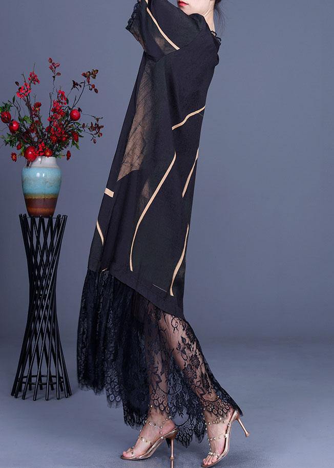Natural Black Silk Print Patchwork Lace Vacation Dresses Summer - Image 4