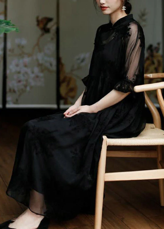 Natural Black Stand Collar Embroideried Floral Button Tulle Long Dress Half Sleeve - Image 3