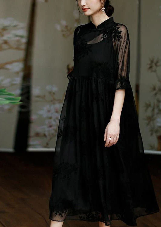 Natural Black Stand Collar Embroideried Floral Button Tulle Long Dress Half Sleeve - Image 4