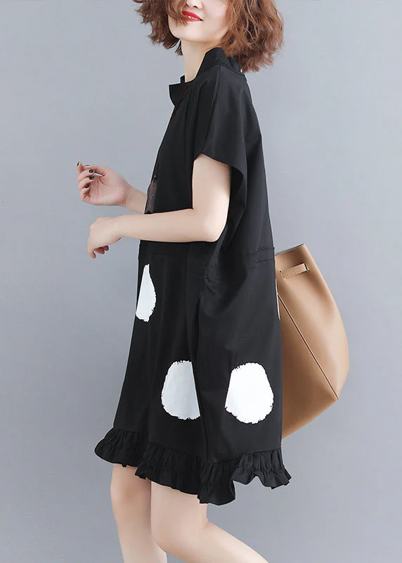 Natural Black Stand Collar Ruffled Dot Print Holiday Dresses Short Sleeve - Image 3