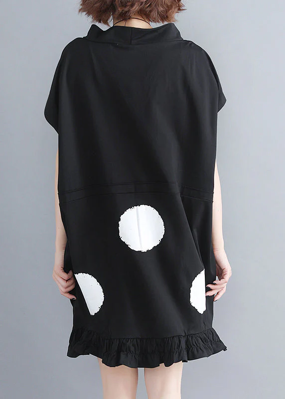Natural Black Stand Collar Ruffled Dot Print Holiday Dresses Short Sleeve - Image 4