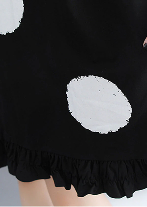 Natural Black Stand Collar Ruffled Dot Print Holiday Dresses Short Sleeve - Image 5