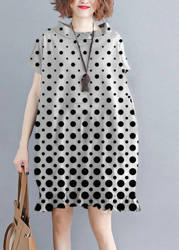 Natural Black Stand Collar Ruffled Dot Print Holiday Dresses Short Sleeve - Image 6