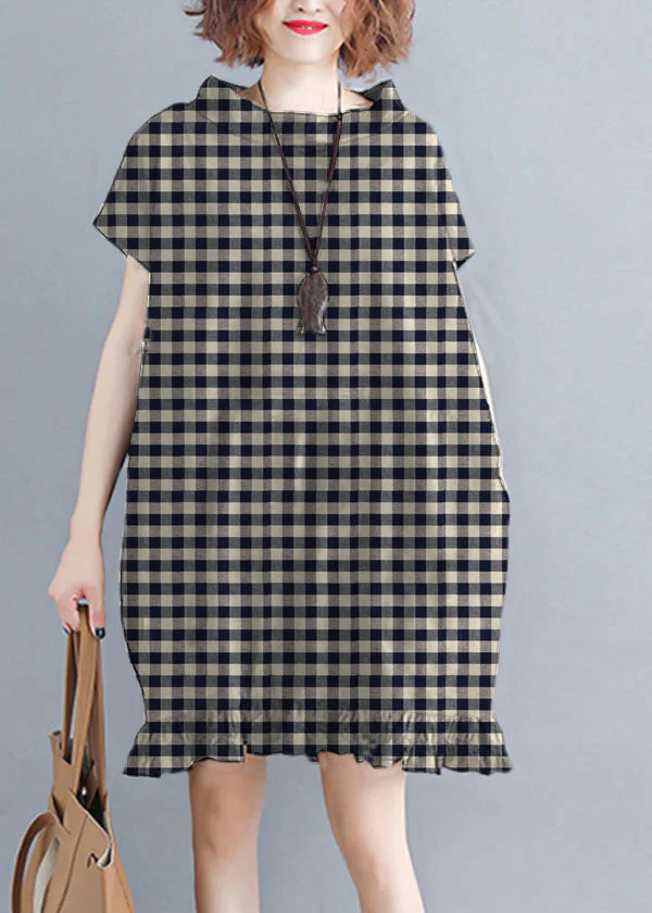Natural Black Stand Collar Ruffled Dot Print Holiday Dresses Short Sleeve - Image 8