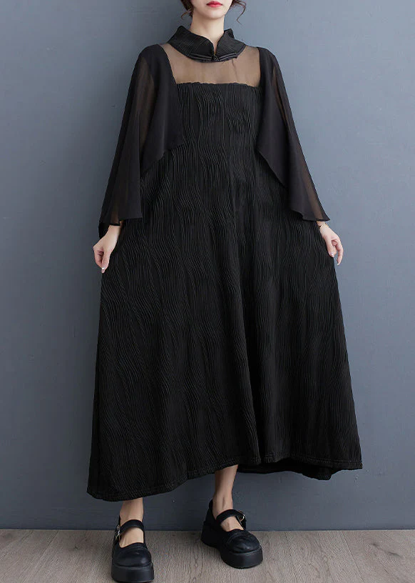 Natural Black Turtleneck Asymmetrical Tulle Holiday Long Dress Spring - Image 2