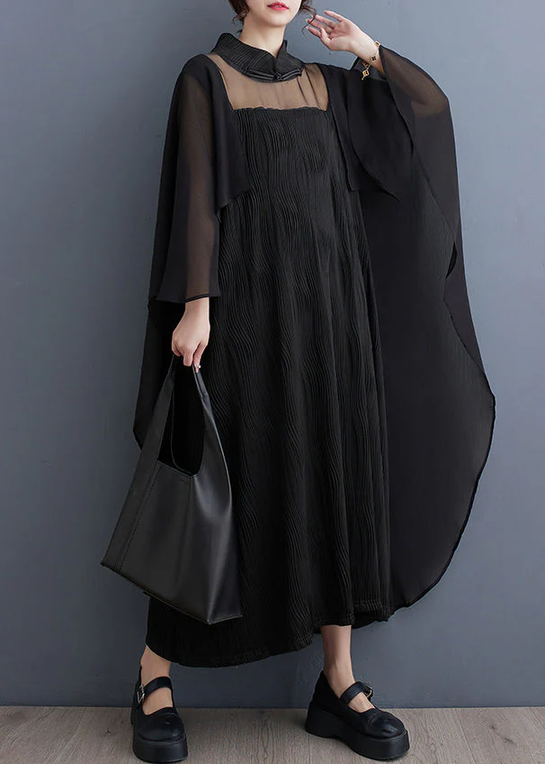 Natural Black Turtleneck Asymmetrical Tulle Holiday Long Dress Spring - Image 3