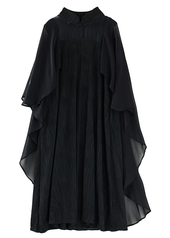 Natural Black Turtleneck Asymmetrical Tulle Holiday Long Dress Spring - Image 5