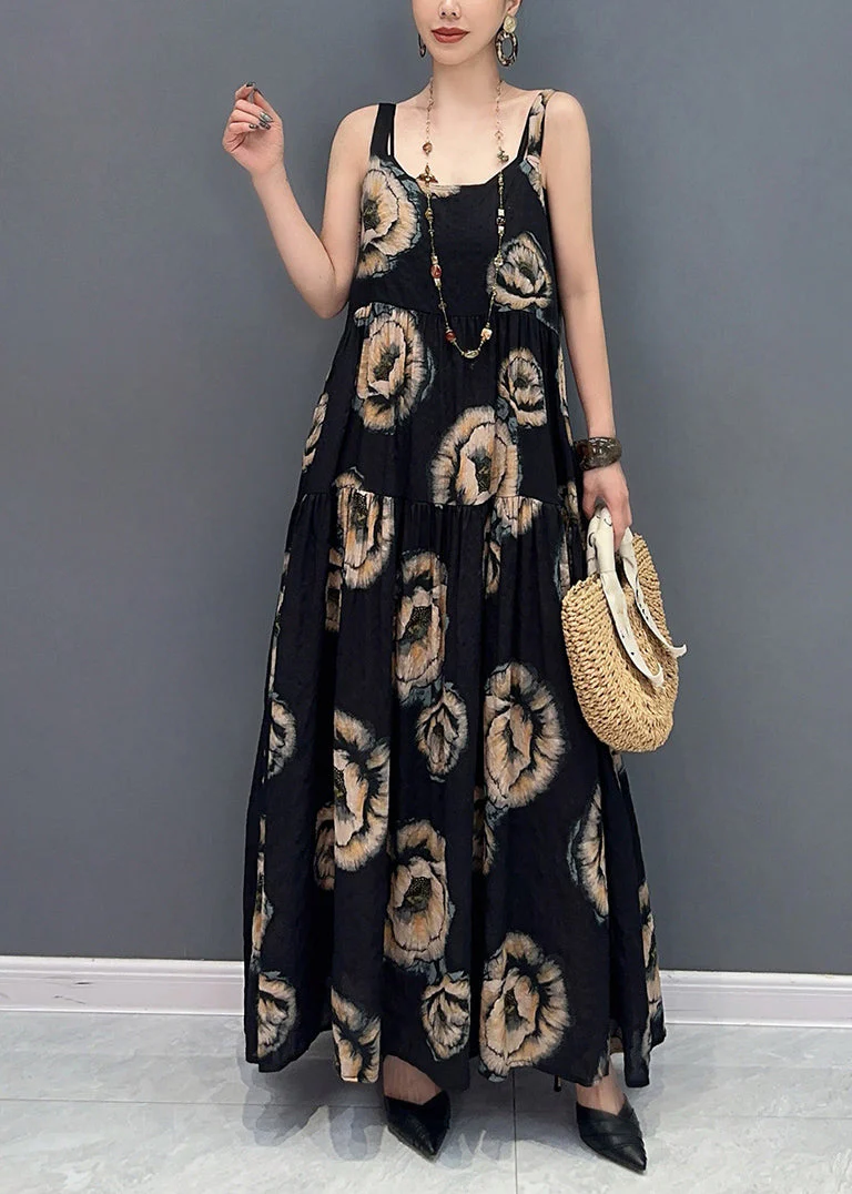 Natural Black U Neck Print Long Spaghetti Strap Dress Sleeveless - Image 2