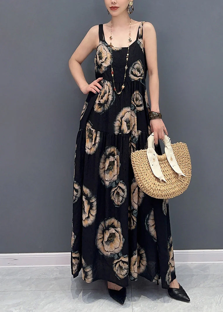 Natural Black U Neck Print Long Spaghetti Strap Dress Sleeveless - Image 3